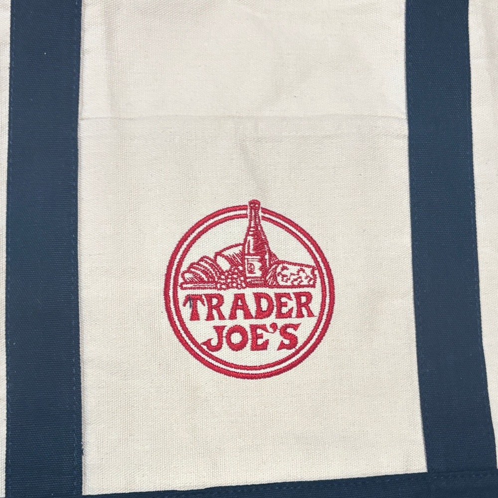 Large Classic Trader Joe's Canvas Tote Bag in Cream and Blue NEW - Picture 3 of 3